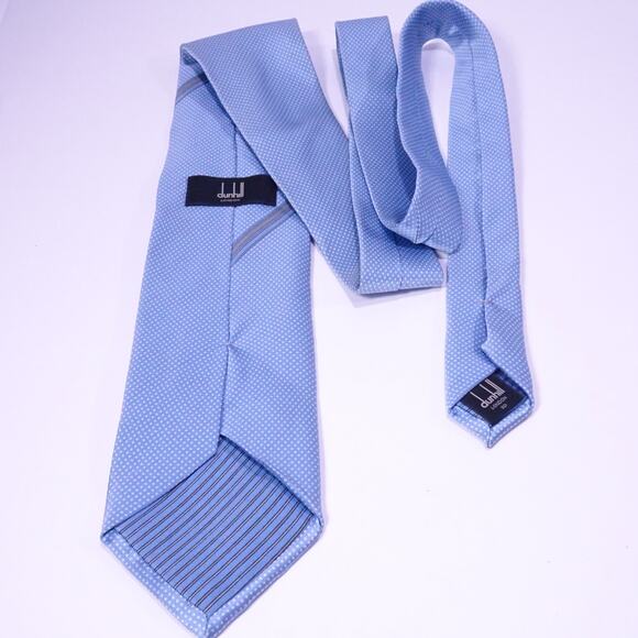 DUNHILL Men's Blue White Gold Signature Logo Polka Dot Silk Neck Tie Retail 390 - Picture 6 of 9